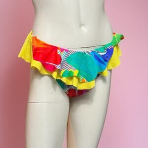 VINTAGE 70s Tie Die Swim Bottoms Size 12 Retro Deweese Ruffle Bikini Lower Only